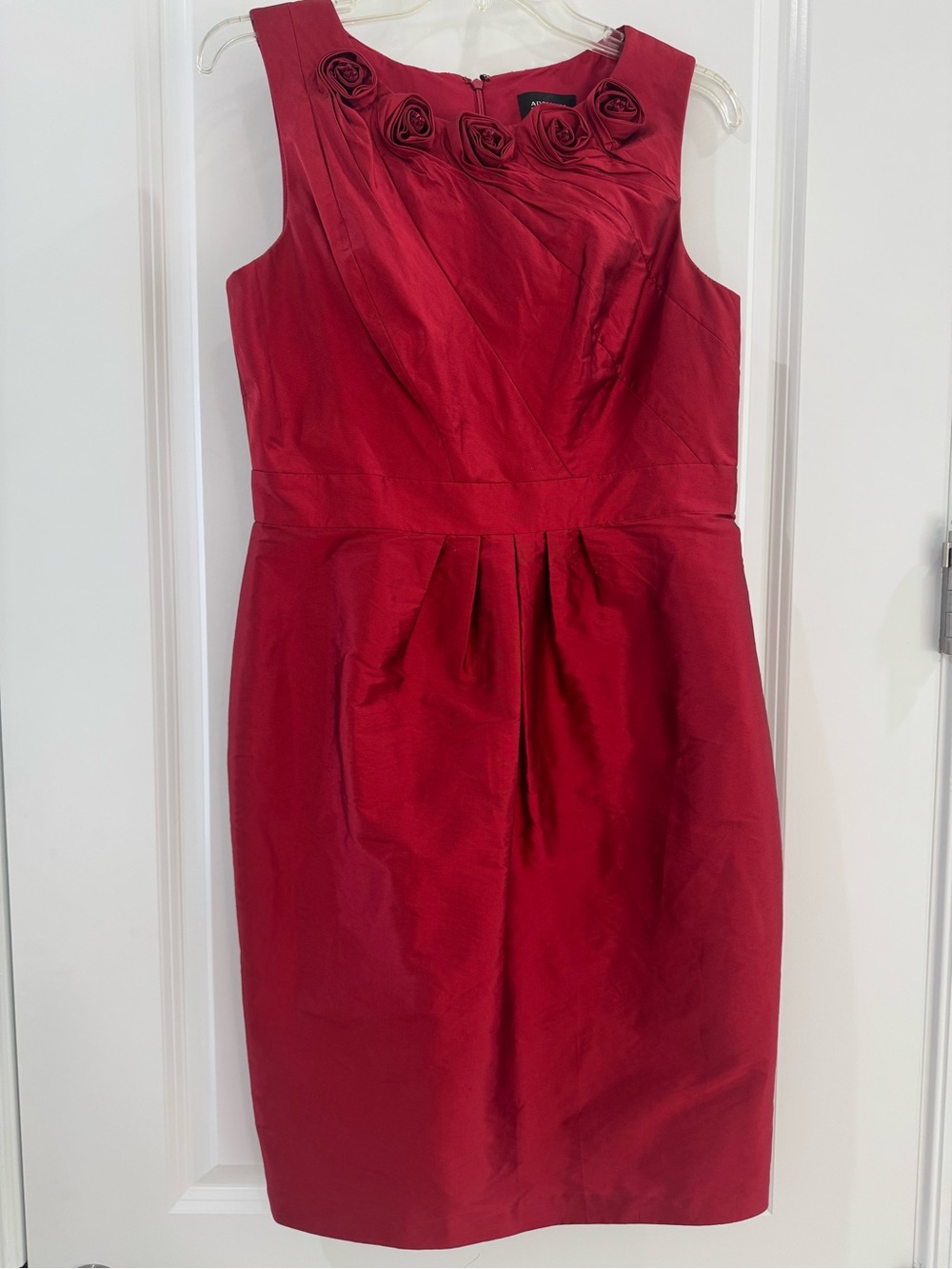 Adrianna Papell Red Sleeveless Midi Dress with Rosette Neckline